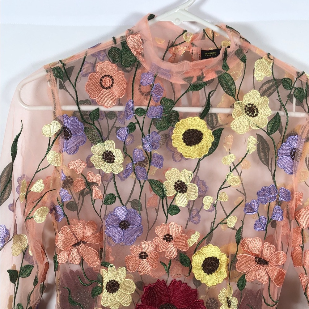 Finesse Sheer Long Sleeve Mini Dress with Fairy Boho Floral Embroidery - Picture 3 of 12